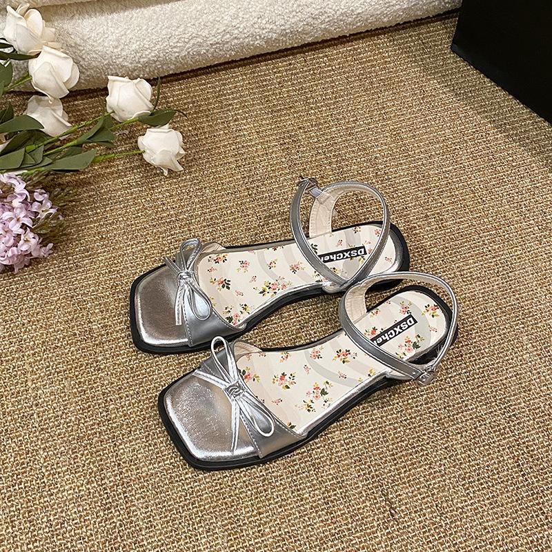 

One-word sandals women s new summer with skirt bow open-toed flat beach shoes 40 серебряный