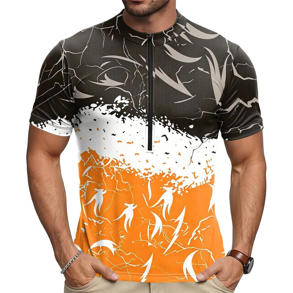 Men's Round Neck Printed Short Sleeve Cycling Jersey Breathable Quick Dry Zipper Front Lightweight Sportswear for Outdoor Riding