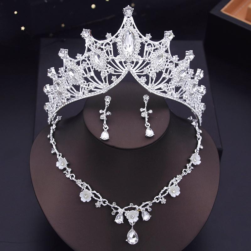 Baroque Tiaras Gold Color Red Crown Necklace Earring Sets Wedding Bridal Jewelry Set Prom Costume Accessories