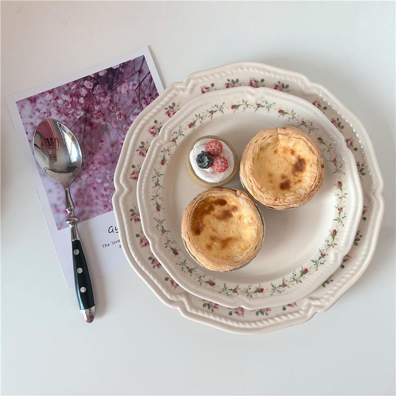 Ceramic Plate French Style Retro Floral Reliefs Food Plate Yogurt Salad Bowl Dessert Plate Dish Dinner Wedding Set Dinner Plates