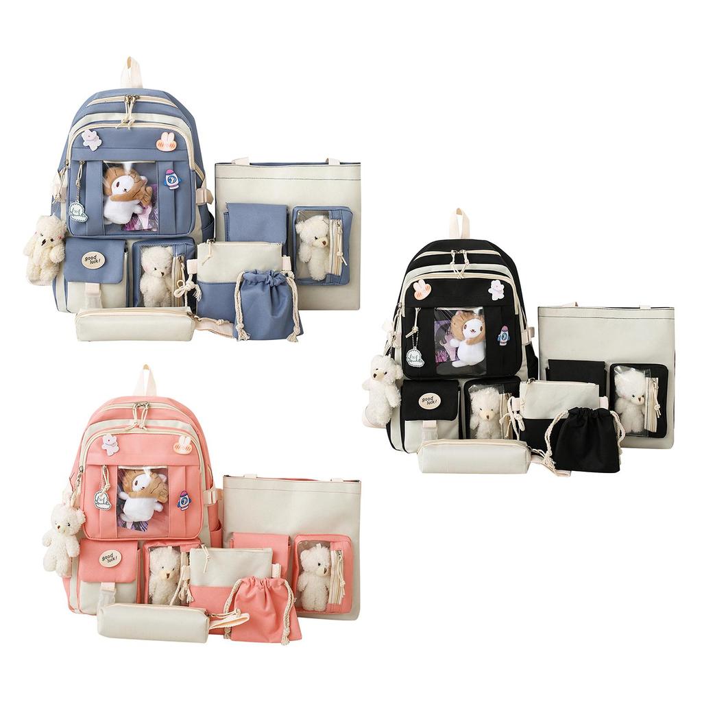 5 Pieces Cartoon Women Backpacks Schoolbag Travel Bag Durable Daypack Teenager Adjustable Shoulder Straps Multi Pocket Student
