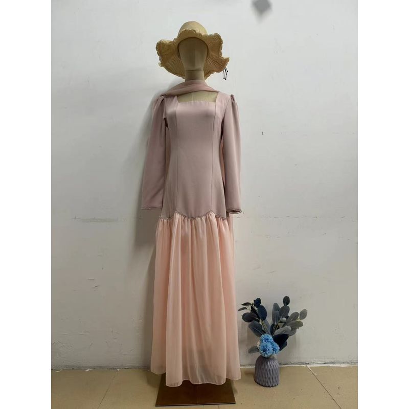 

Европейское и американское платье ручной работы с бриллиантовой лентой, с длинным рукавом, приталенное, с квадратным вырезом, лоскутное Pink L