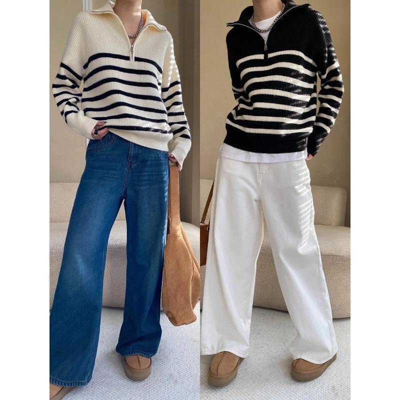 Sinan Retro Striped Half-Zip Lapel Sweater SN6942