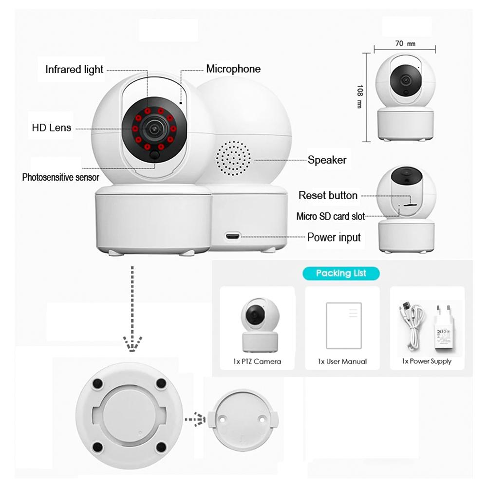 Cameră de securitate HD 1080P Cameră WiFi 3MP Cameră panoramică/înclinată cu urmărire a mișcării la 355 de grade Viziune nocturnă IR
