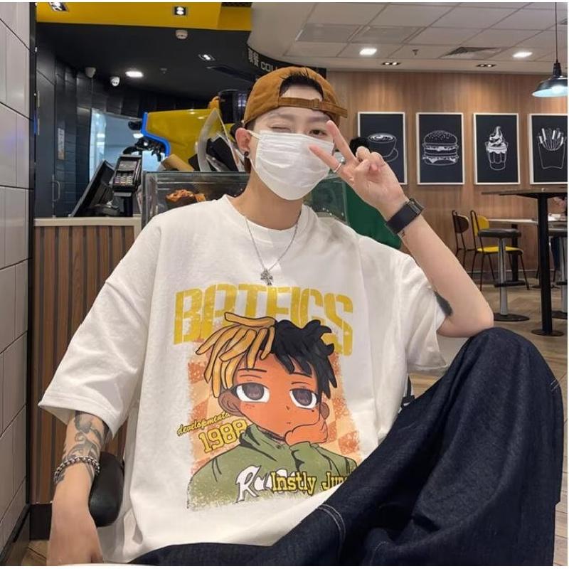 

Мужские футболки с коротким рукавом с буквенным графическим принтом и половиной рукава Футболка-пуловер Повседневная футболка Мужская корейская повседневная футболка с круглым вырезом в стиле ретро 2XL белый