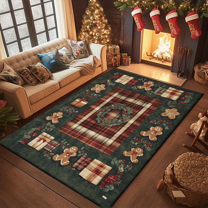 Vánoční patchwork koberec Sněhulák Sob Kobereček Červeno-zelená kostkovaná podložka Cesmína Bobule Domácí dekorace Protiskluzová podložka na podlahu do obývacího pokoje