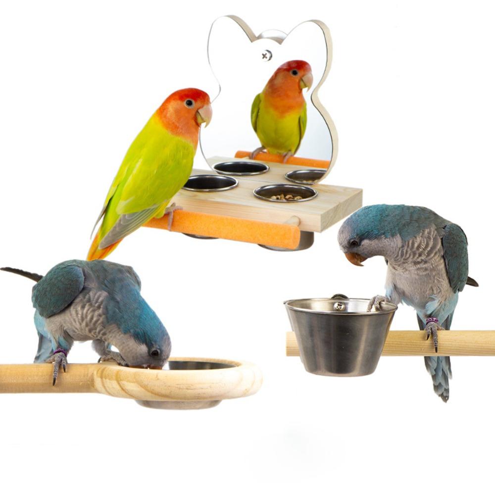 

Removable Bird Feeder Bowl with Mirror Wood Bird Toys New Parrots Mirror with Feeder Cups
