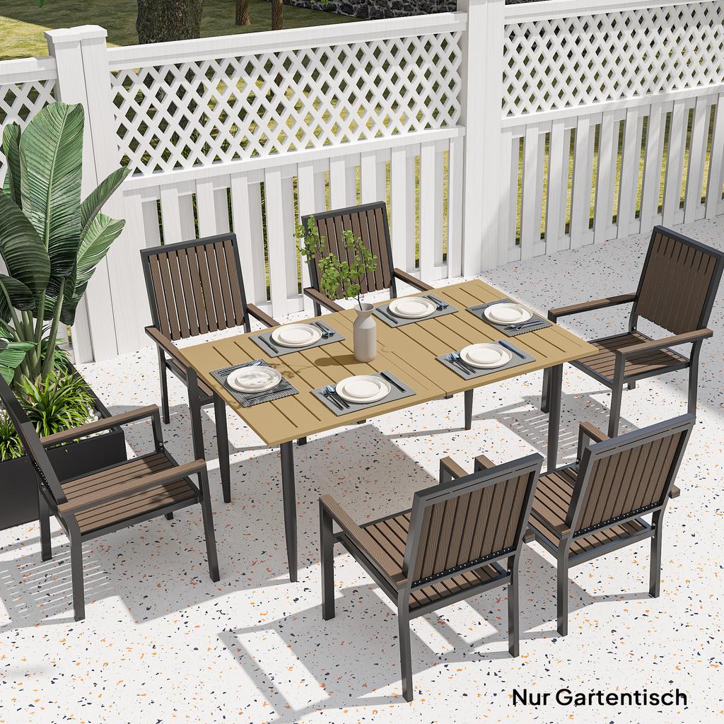 Garden Dining Table, 150 X 90 Cm Rectangle Outdoor Table with 5 Cm Parasol Hole, Slatted Tabletop and Steel Frame for Patio Balcony