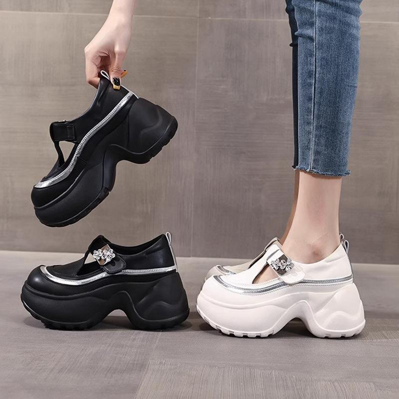 2025 new casual muffin loafers women's fashion single shoes thick sole inner height increase Velcro rhinestones versatile