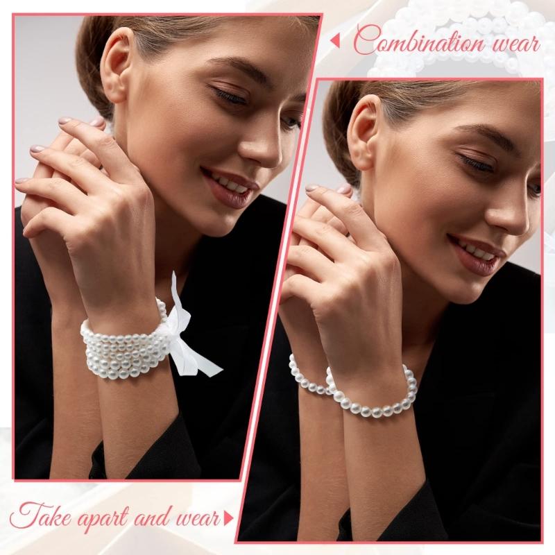 5Pieces Artificial Pearl Bracelet Beaded Stretch Bracelet Stackable Bracelet for Women Bridal Party Wedding Accessories