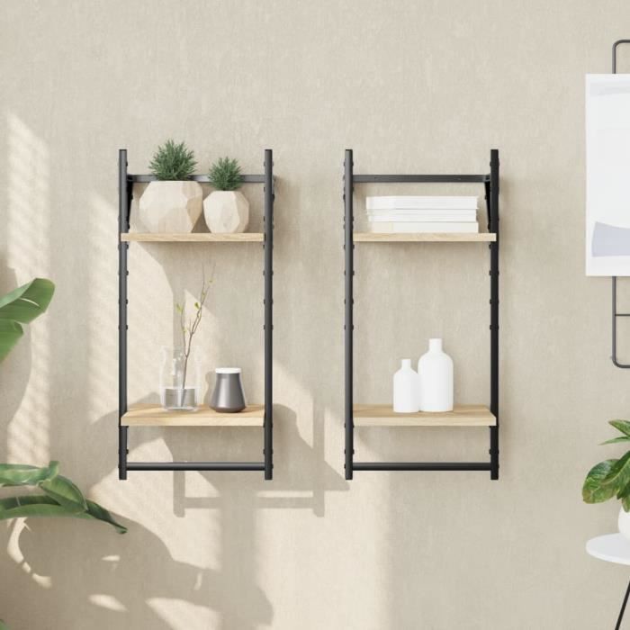 VidaXL Wall Shelves 2-Tier with Bars 2 Pcs Sonoma Oak 836254