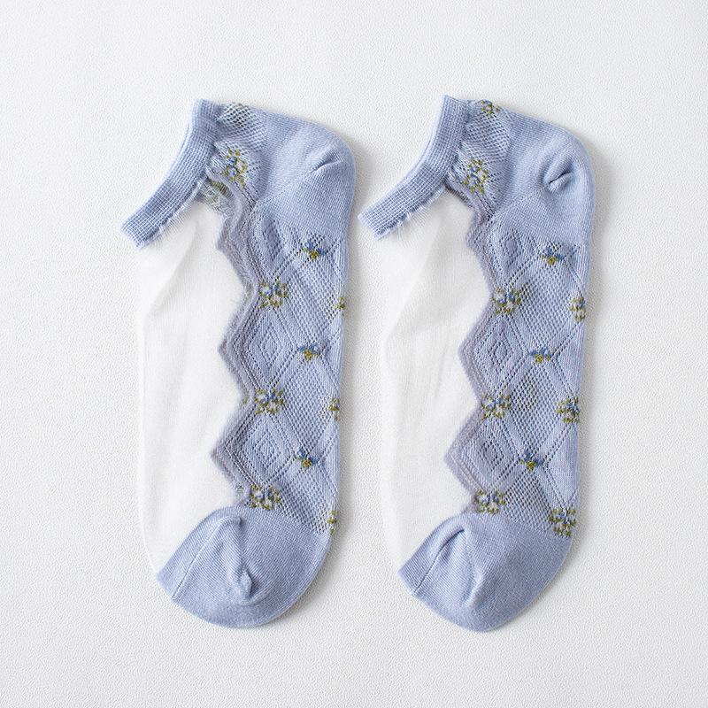 

5 Pair Breathable Ultra Ankle Socks Summer Women Transparent Lace Silk Crystal Flower Girls Elastic Short Female Sox One Size