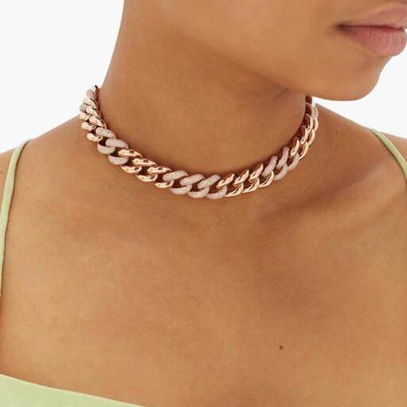 Angebot Neues Design Bling Kette Roségold plattiert rosa Zirkonia Miami Cuban Link Damen Halskette