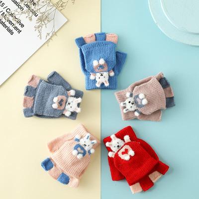 Half Finger Flip Gloves Kids Winter Gloves Windproof Warm Cartoon Bunny Plush Knitted Gloves for Baby Children 3-6Y Boys Girls