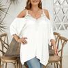 Women Blouse V-Neck 3/4 Sleeves Off Shoulder Straps Pullover Tops Asymmetric Lace Splicing Pure Color Mid-length Summer Tops