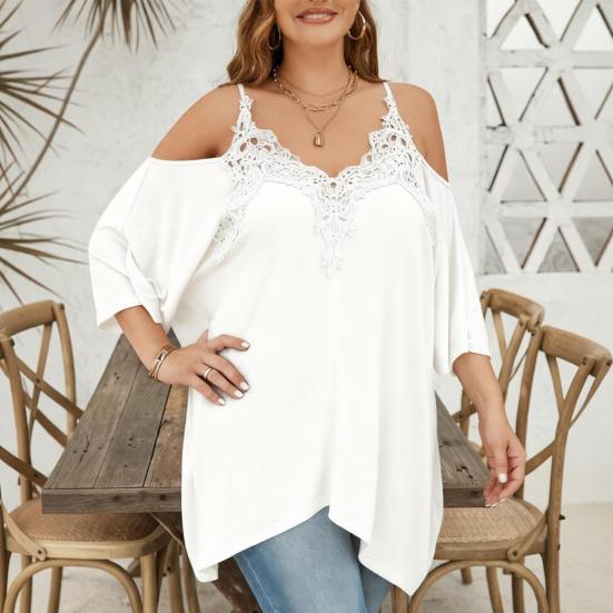 Women Blouse V-Neck 3/4 Sleeves Off Shoulder Straps Pullover Tops Asymmetric Lace Splicing Pure Color Mid-length Summer Tops