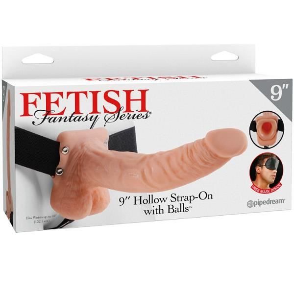 Hollow Strap-On - FETISH FANTASY SERIES - 22,9 Cm - Harnais Élastique - Sans Phtalates - Inclus Masque