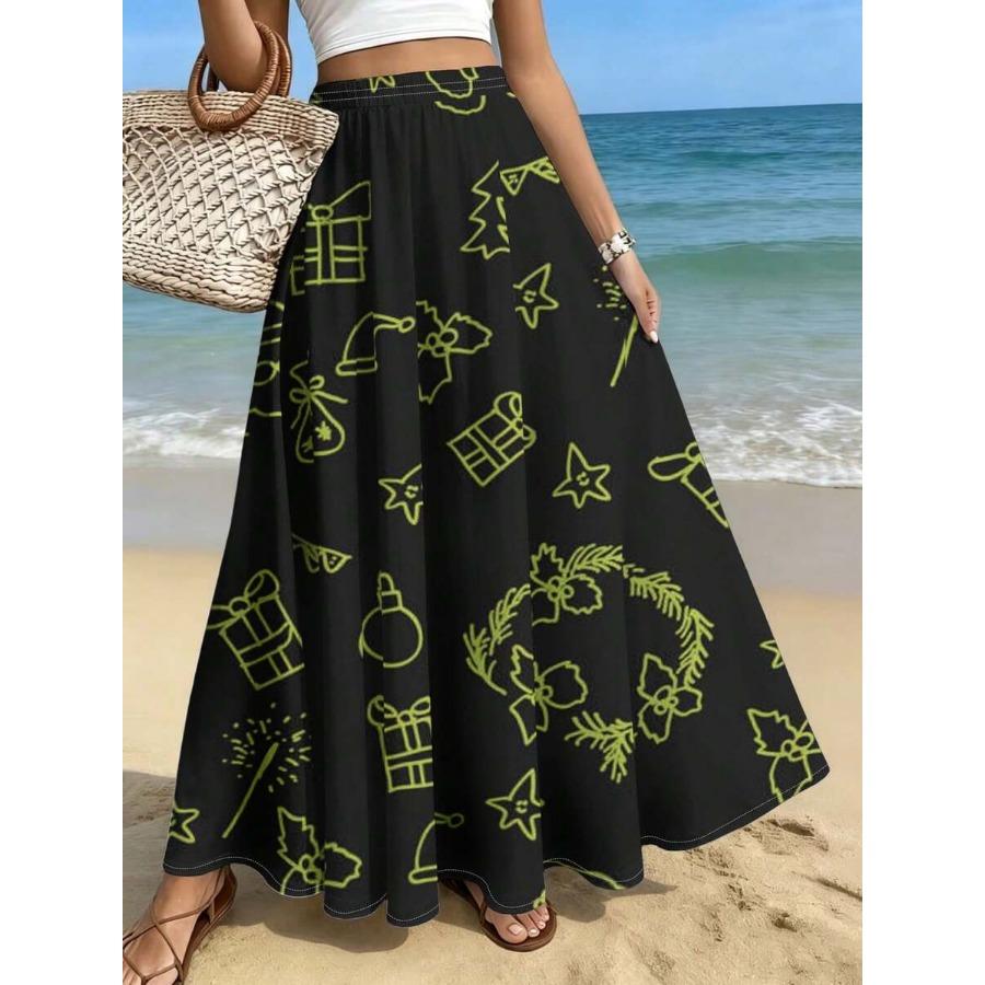 Plus Size Women'S Elegant Fashion Skirt, Casual Printed Midi Dress, Christmas Theme Easy Line Pattern