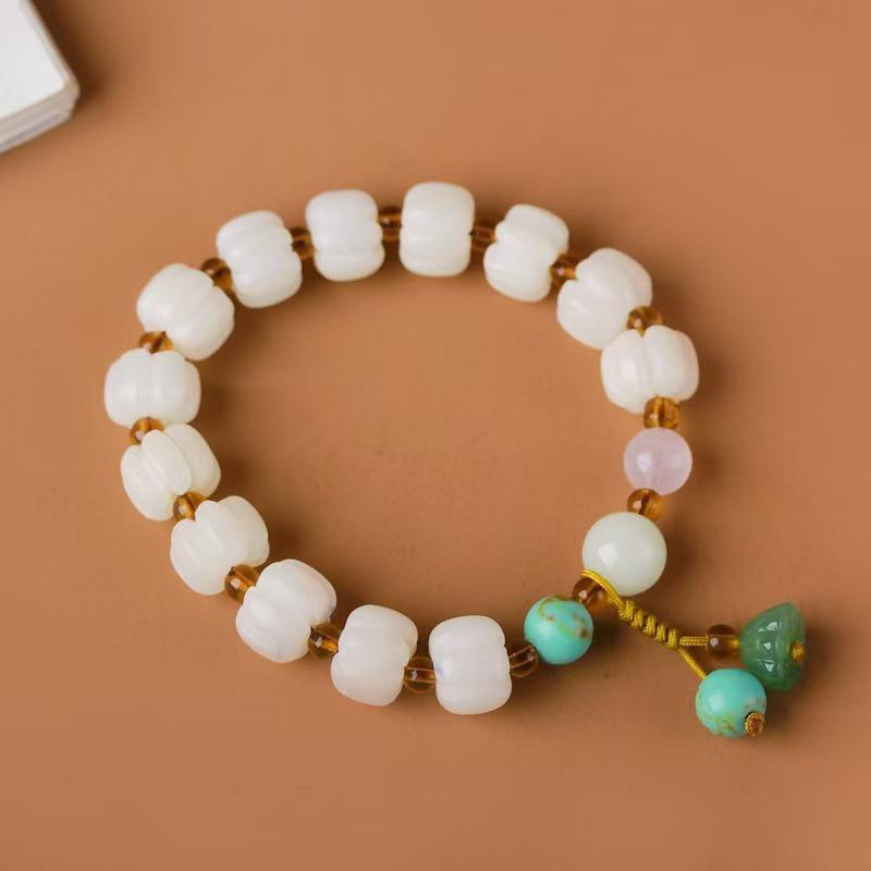 Natural White Jade Bodhi Root Hand-Carved Pumpkin Bead Bracelet and Ring Set