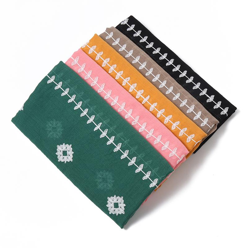 Big Size Embroidery Plain Cotton Hijab Scarves Women Muslim Shawls Solid Headscarf Wraps Islamic Turban Headband Foulard Ramadan