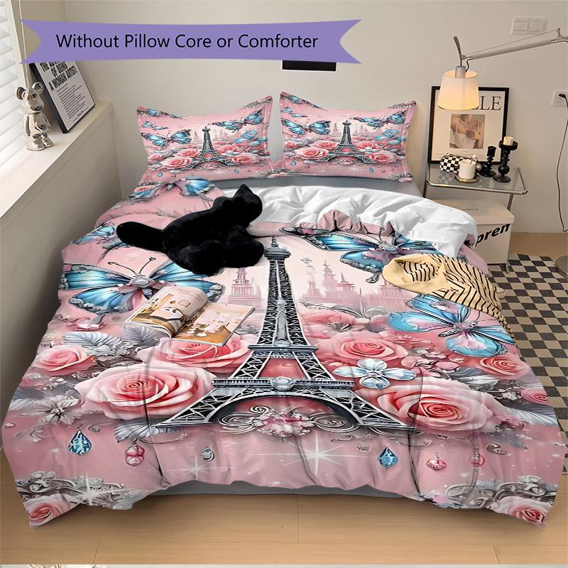 3pcs Parisian Butterfly & Rose Eiffel Tower Bedding Set, Includes One Quilt Cover and Two Pillowcases (No Core), Home Decor, Festival Gift