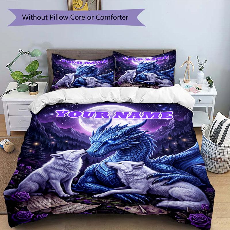 3PC Custom Name Dragon Wolves Moonlight Bedding Set Duvet Cover Closure Includes 1 Duvet Cover & 2 Pillowcases for Bedroom