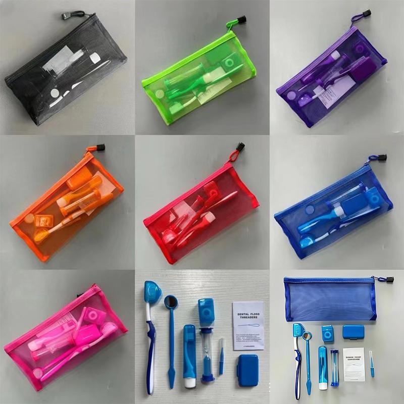 8Pcs/Set Dental Care Brush Kit Multicolour Dental Wax Teeth Cleaning Tool Mesh Bag Foldable Interdental Brush Floss Thread Wax