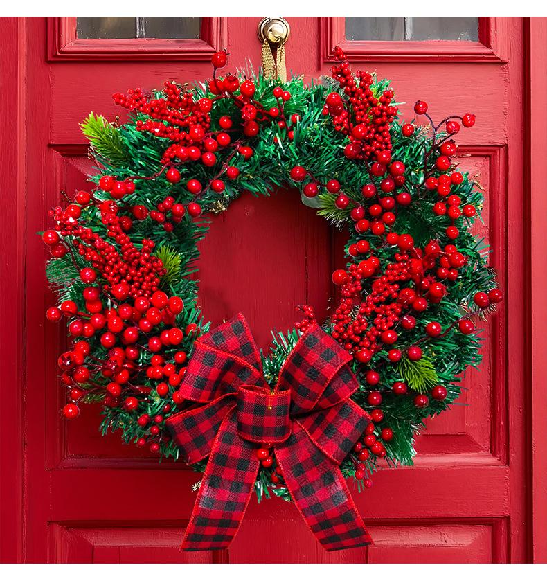 Přeshraniční vánoční červeno-černý kostkovaný věnec s mašlí a bobulovou révou, dekorace na dveře