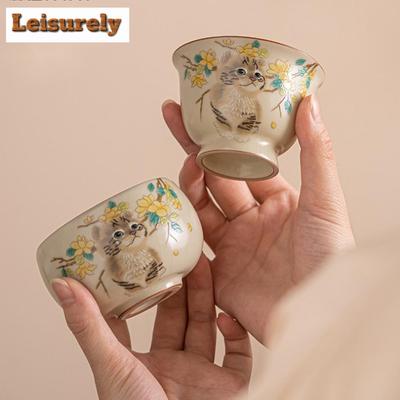 Imitation Song Cream Ru Kiln Teacup Cute Cat Water Jug Large Capacity Tea Bowl Opening Master Mug Meditation Cup Kung Fu Teaset
