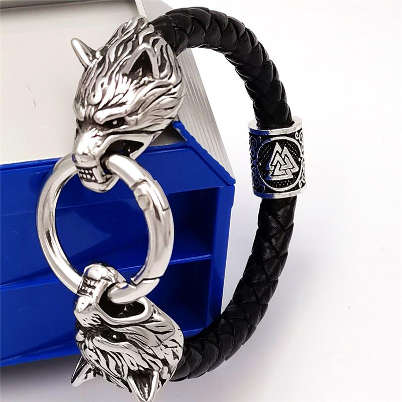 Wolf Head Bracelet Stainless Steel Viking Rune Bead Leather Bracelet Jewelry For Women Men Unisex Gift