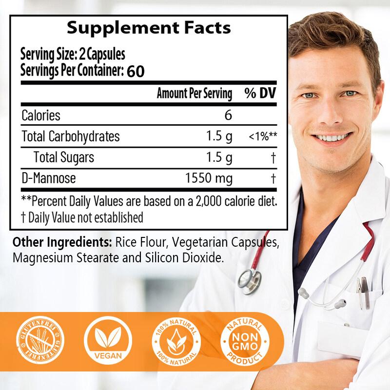 D-Manosa 1550 mg Suplemento Dietético, 120 Cápsulas Vegetarianas por Botella
