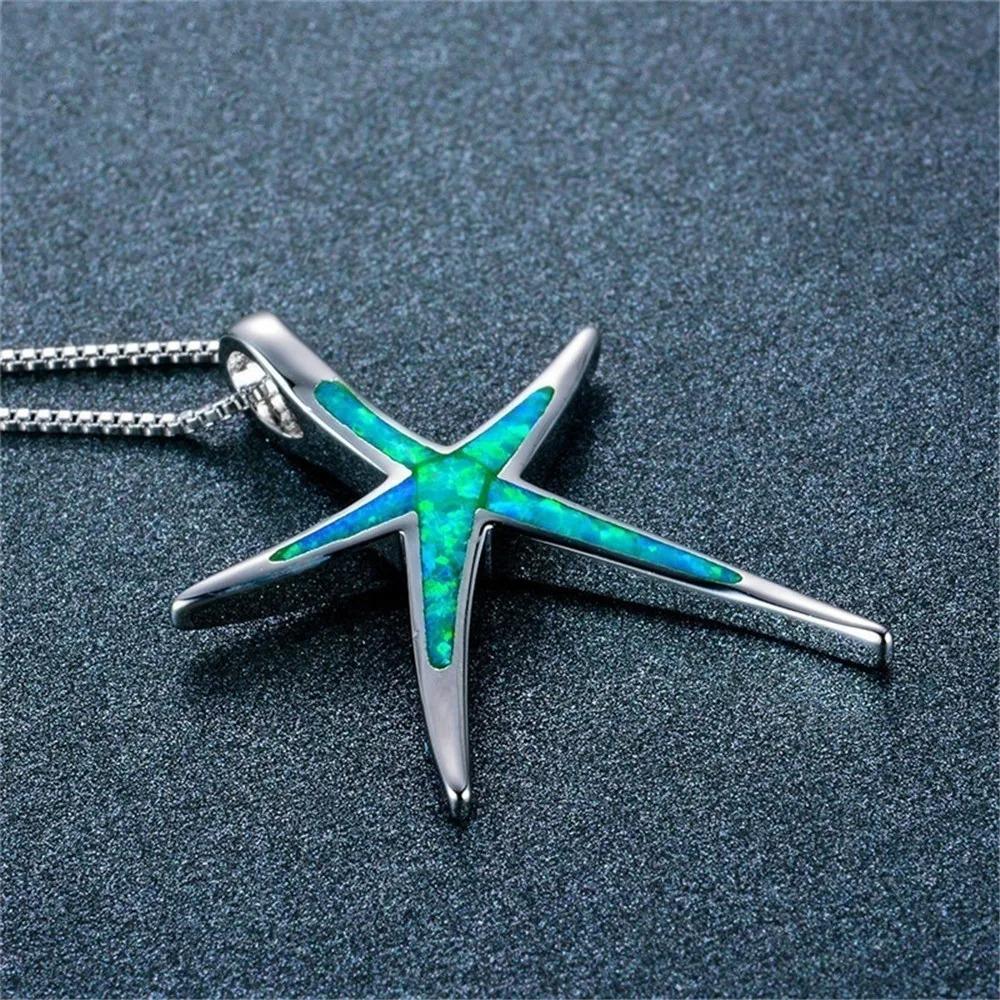 Boho Cute Sea Animal Starfish Pendant Necklace For Women Inlay Imitation Blue Opal Necklace Wedding Party Jewelry Gifts