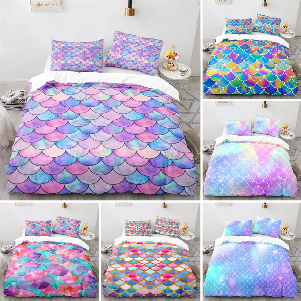 Colorful Fish Scales Bedding Set Twin King For Kids Girl Blue Pink Mermaid Skin Surface Print Duvet Cover Polyester Quilt Cover