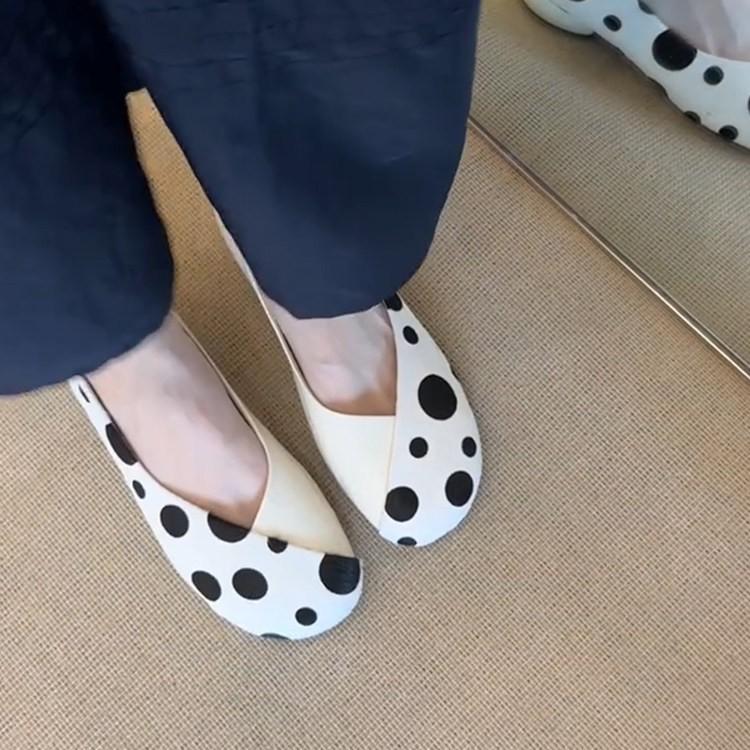 Spring Summer Leather Sweet Style Yellow Polka Dot Shallow Single Shoes for Women, Niche Versatile Shoes, Slip-on Small C
