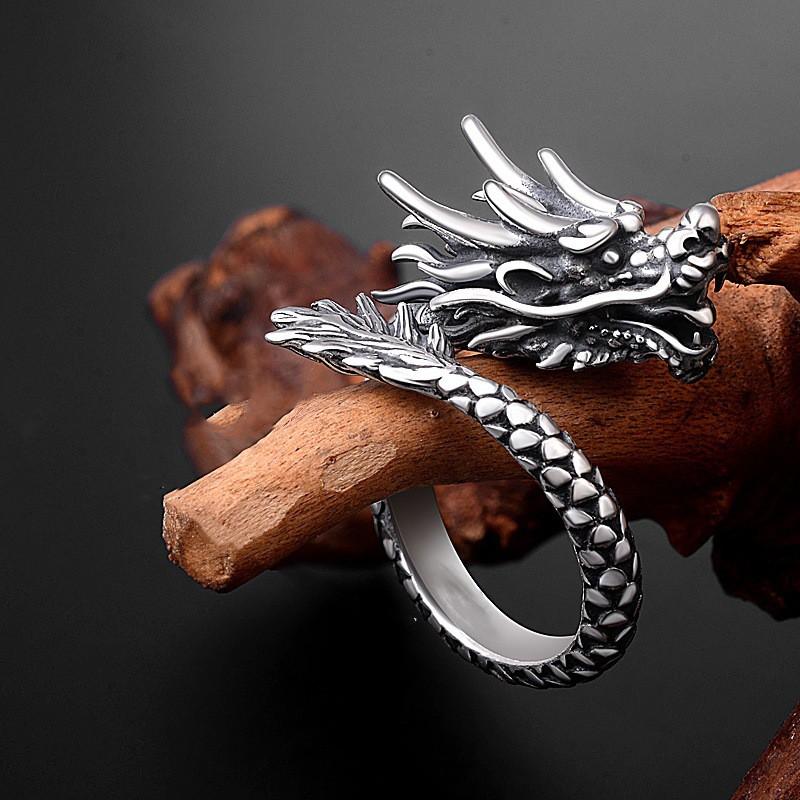 Adjustable Dragon Ring Men Women Vintage Style Plated Open Finger Zodiac Animal Geometric Design