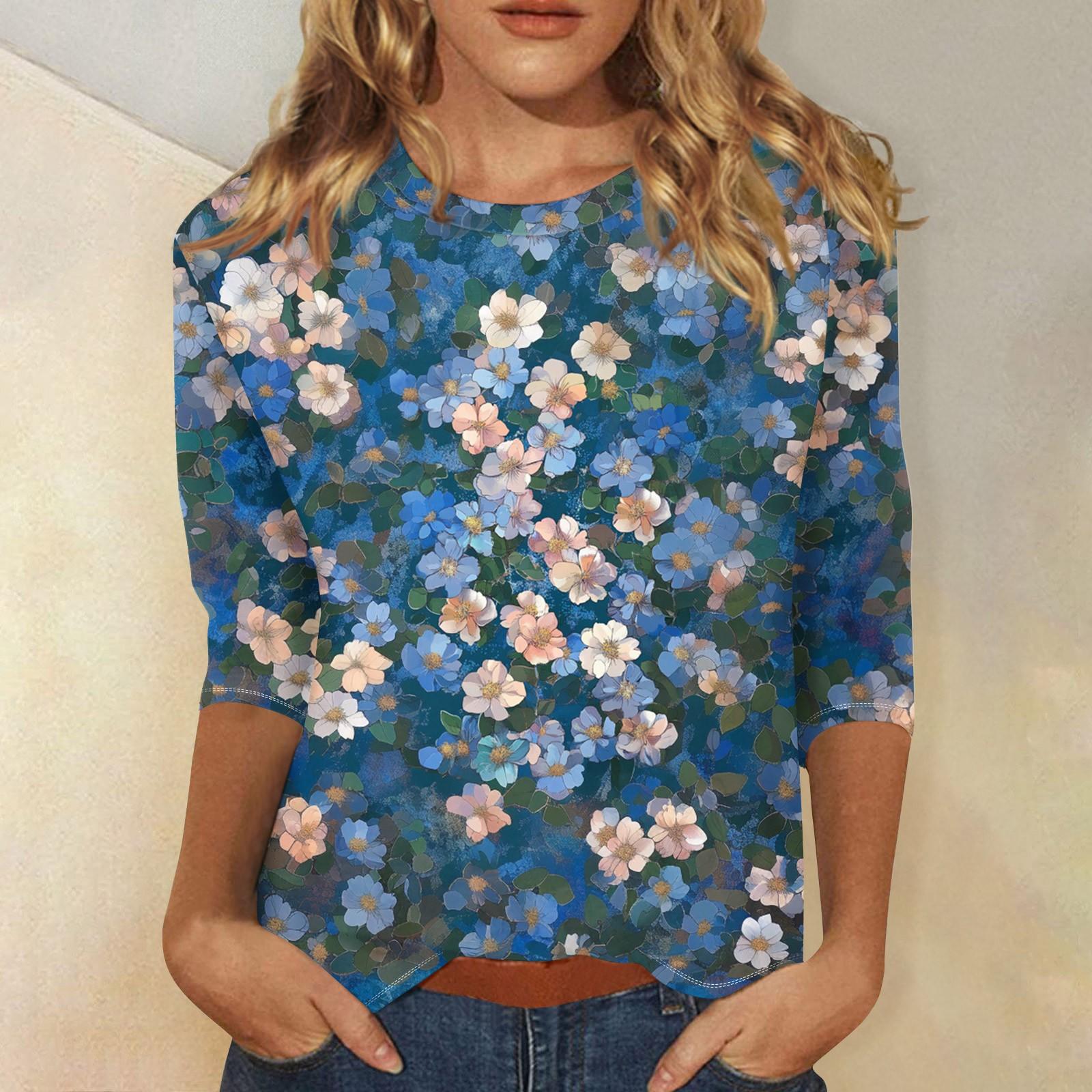 

Жіночий модний повсякденний пуловер із квітковим принтом і рукавом три чверті L синій