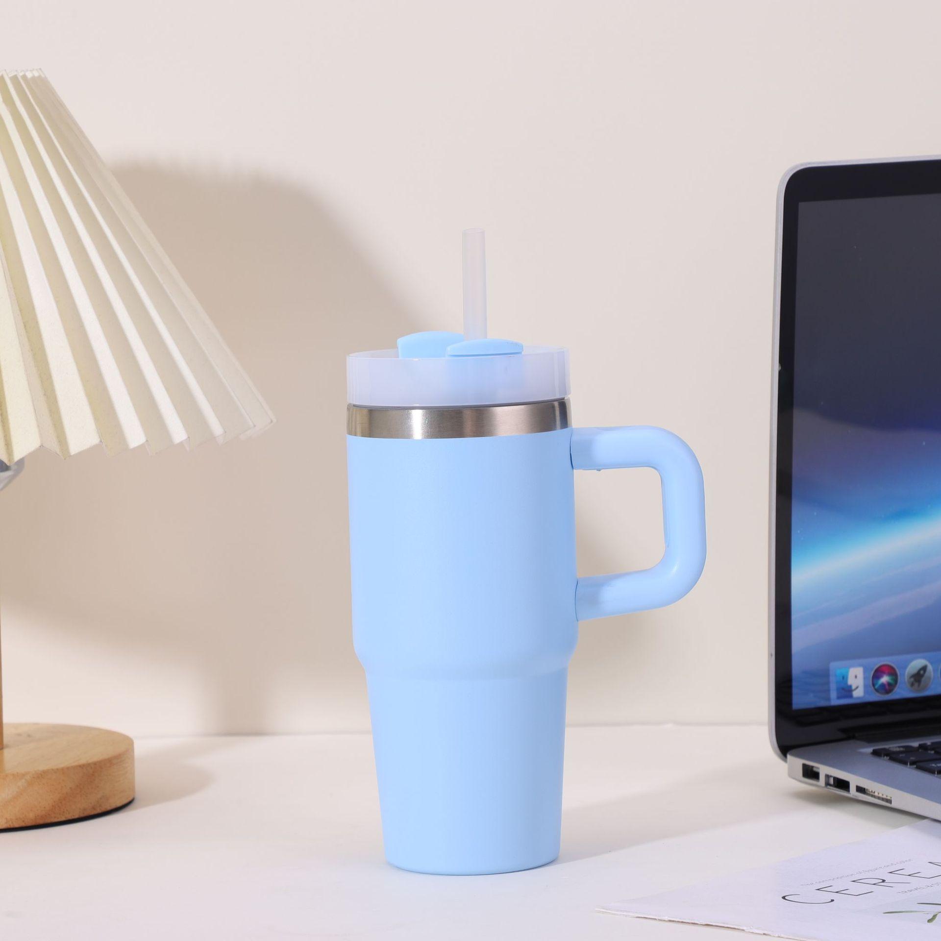 New Double-layer Vacuum 14oz Car Cup Large Capacity 304 Stainless Steel Thermal Insulation Cup with Portable Handle Water Cup 14oz светло-синий