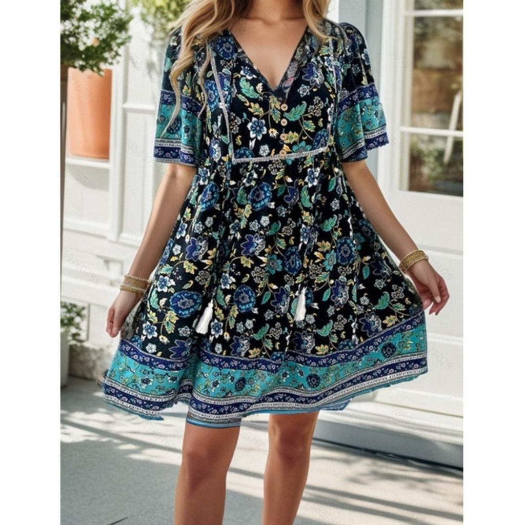 Women‘s V Neck Short Sleeve A-Line Mini Dress Print Loose Casual Summer Gown