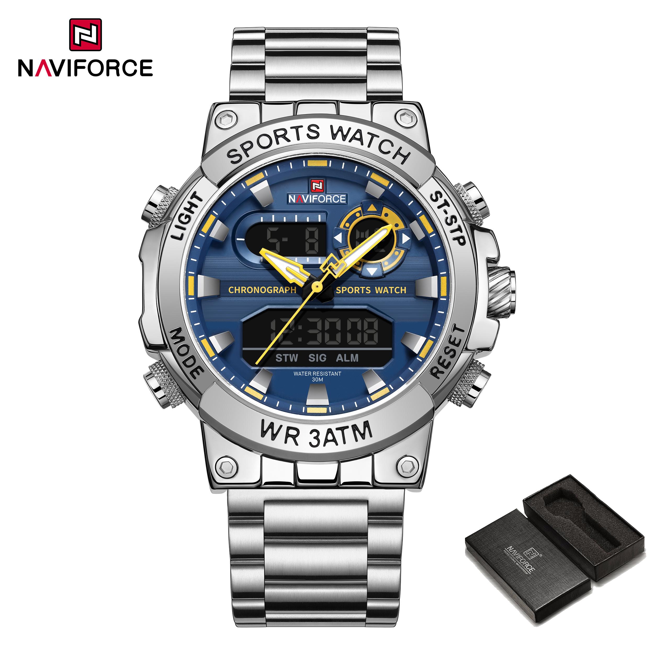 

Оригінальний годинник NAVIFORCE для чоловіків, цифровий дисплей, кварцовий, календар, наручний годинник, ремінець з нержавіючої сталі, люмінесцентний, водонепроникний, модний чоловічий годинник NF9237 срібний/синій