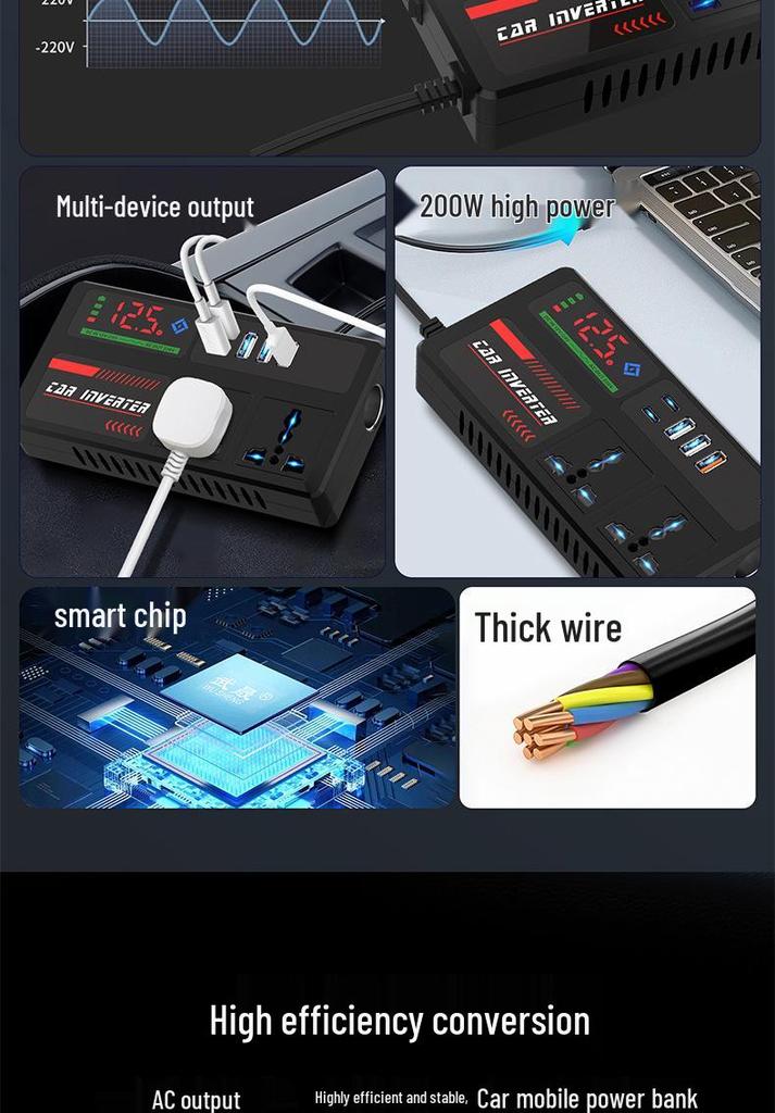 High Power Smart 12V/24V to 220V Car Inverter Charger