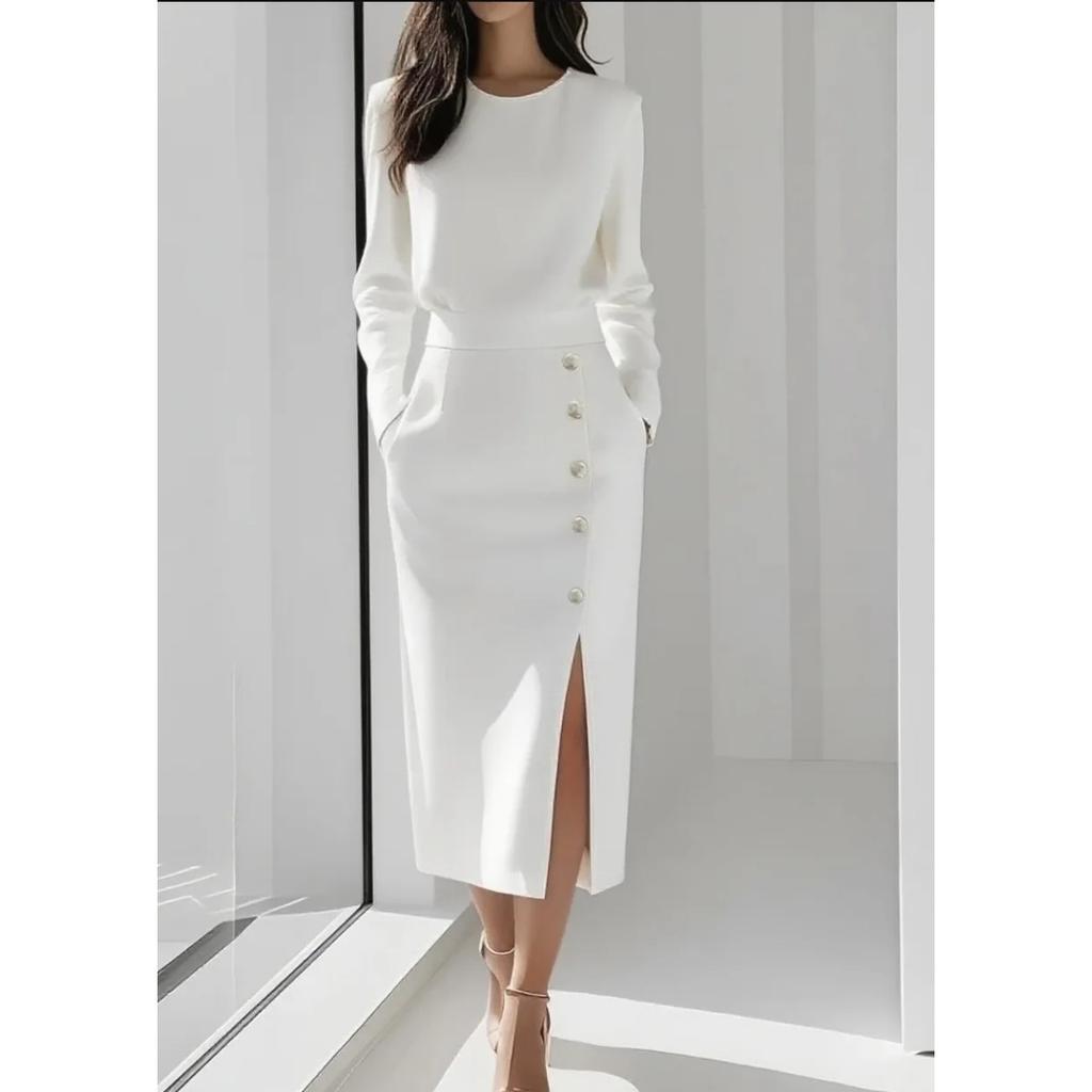 Women's  Solid Color Long Sleeves Elegant Midi Dress with Button Details and Side Slit - Crew Neck