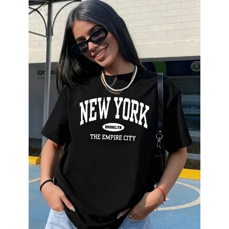 European Size [Stylish Printed T-Shirt] Breathable, Lightweight Ladies' NEW YORK BROOKLYN THE EMPIRE CITY Printed T-Shirt