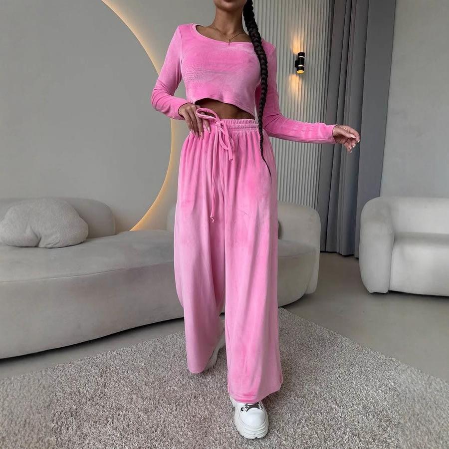 Casual European and American women's suit, solid color long-sleeved crew neck short slim-fit top, lace-up wide-leg pants two-piece set