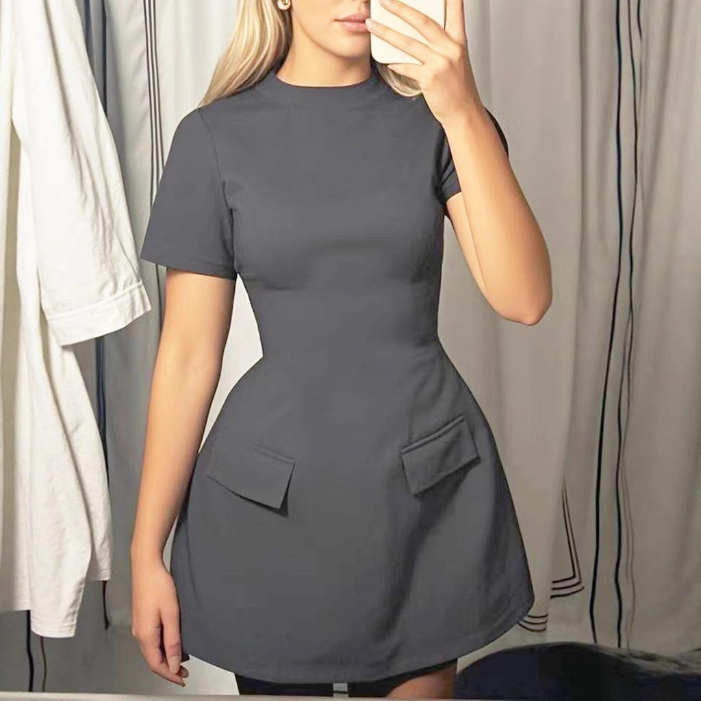 Women's dress short sleeve round neck elegant high waist short dress