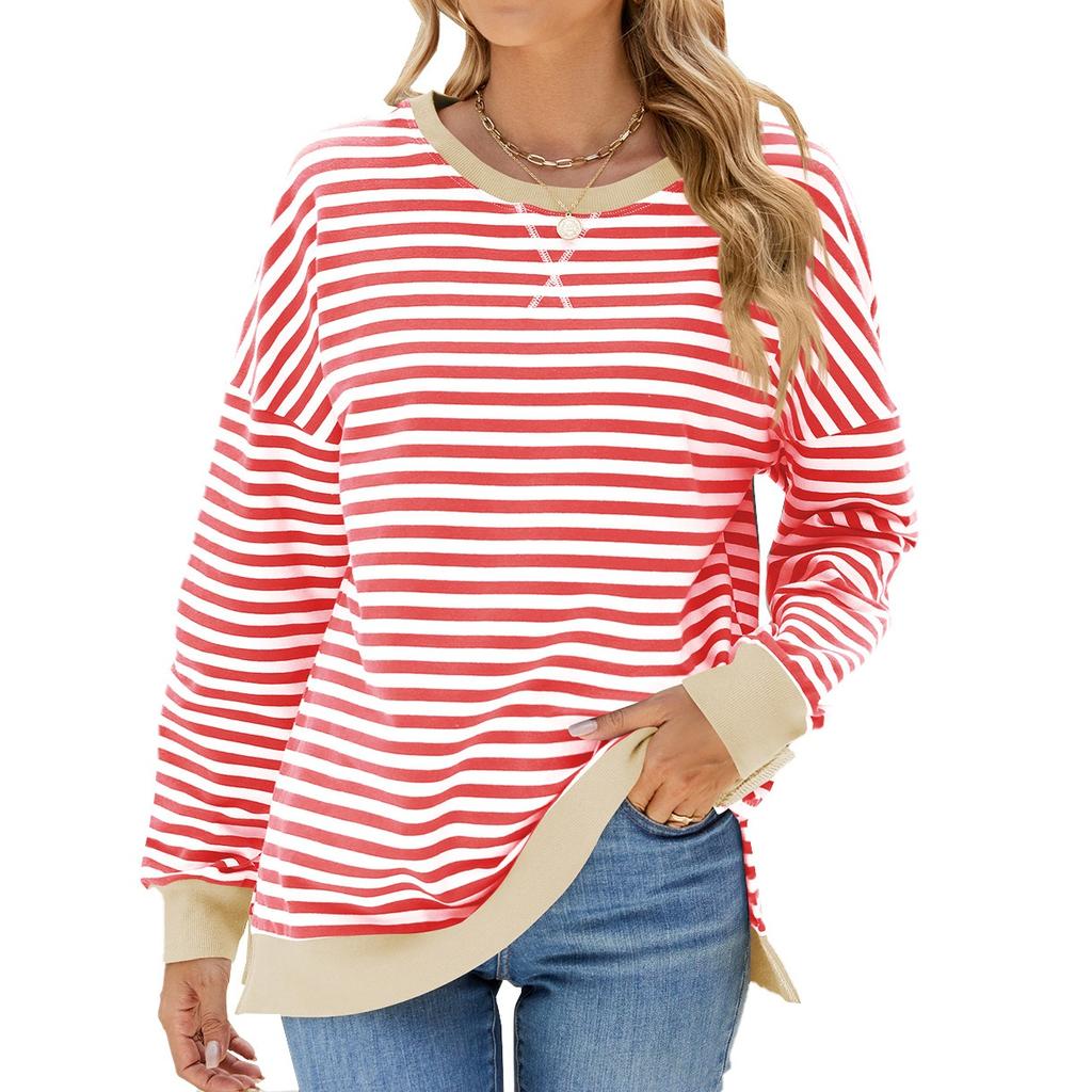 Elegant and Fashionable Autumn and Winter Comfortable Round Neck Striped Splicing Open Loose Long-sleeved Sweater Jacket Pullover Shirt Hoodies