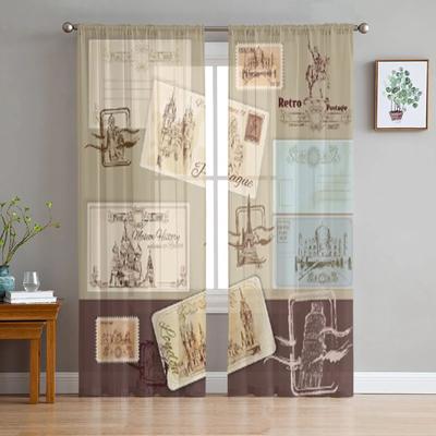 Vintage Postcards Template Sheer Curtains for Living Room Transparent Tulle Window Curtain Bedroom Kitchen Decor Veil Drapes