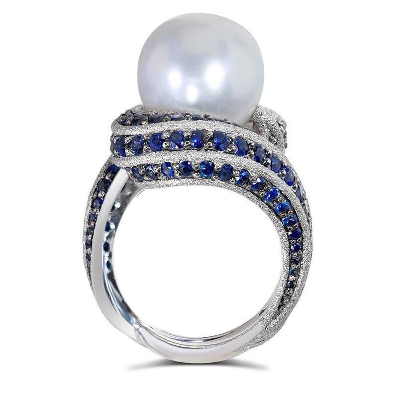 Newly-Designed Luxury Party Ring for Women Gorgeous Bright Blue CZ Jewelry Simulated Pearl Accessories for Anniversary