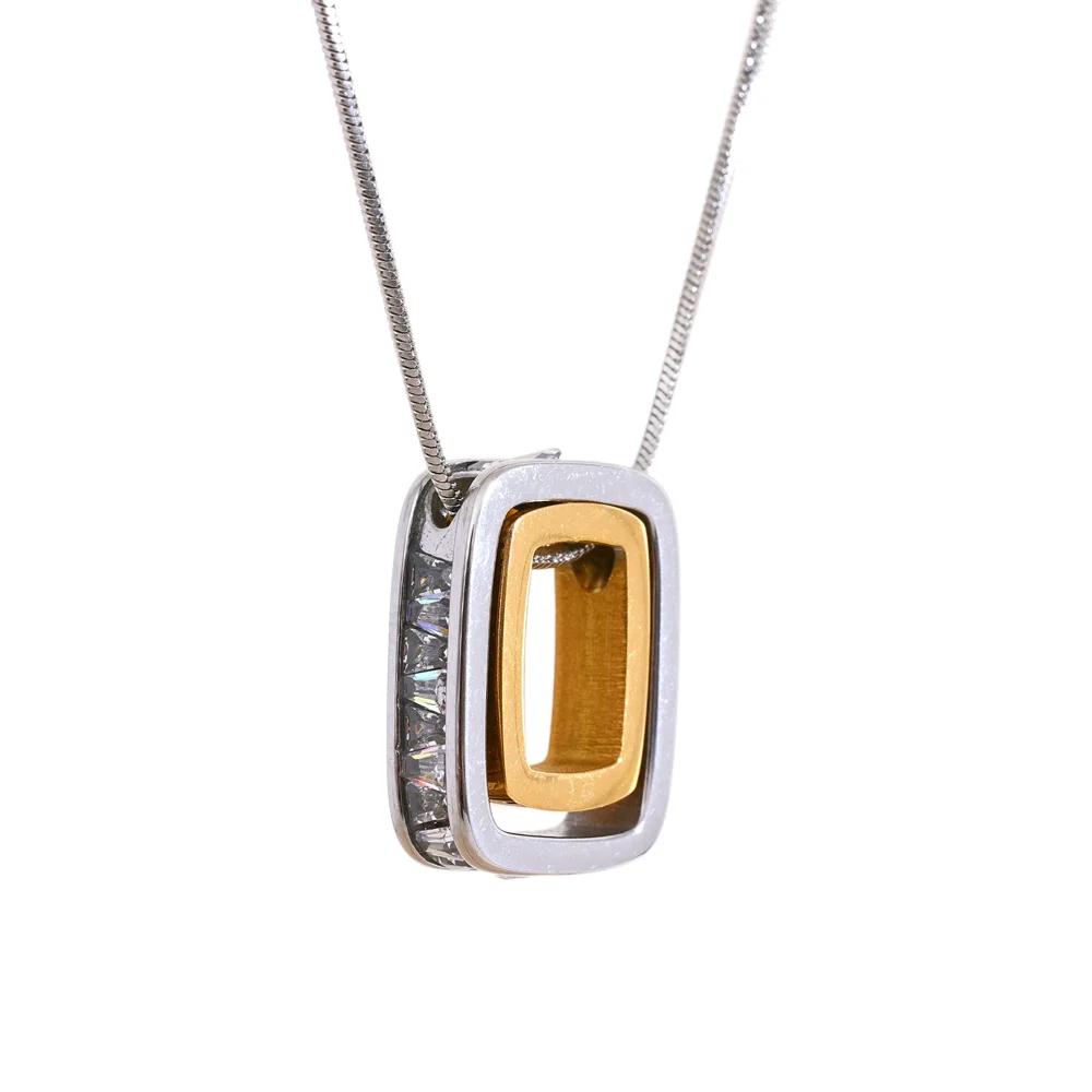 Yhpup 316l Stainless Steel Square Hollow Double Layered Overlay Pendant Necklace Cubic Zirconia Unisex lovers Jewelry Men Women