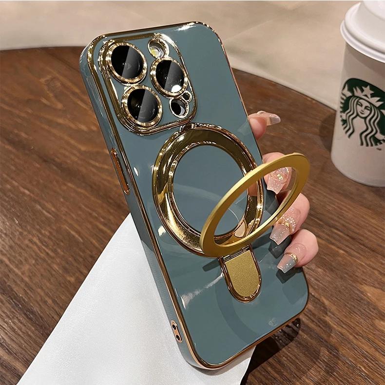 Magsafe Bracket Stand Holder Case for IPhone 15 14 13 12 Pro Max 15 Plus Slim Plating Magnetic for Iphone 15 Pro 14pro Max Cover