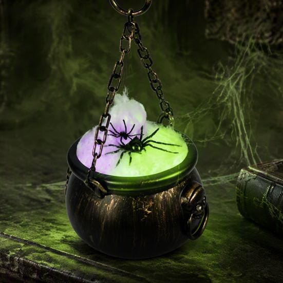 Portable Magic Pot Halloween Cauldron Decoration, Spooky Large Witch with Colorful LED Light, Black Plastic Candy Bowl for Trick or Treat, Party Decor